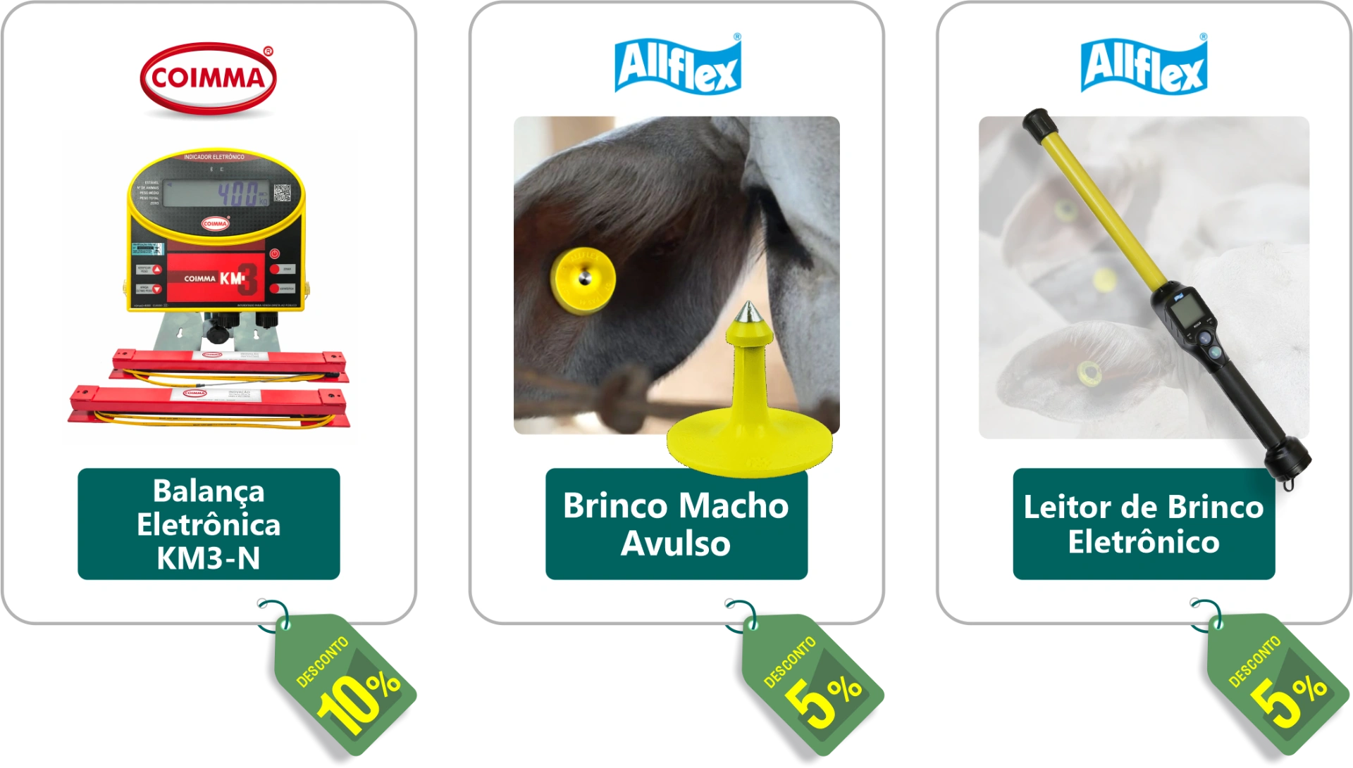 Produtos parceiros com desconto: Balança Eletrônica KM3-N (10%), Brinco Macho Avulso (5%), Leitor de Brinco Eletrônico (5%)